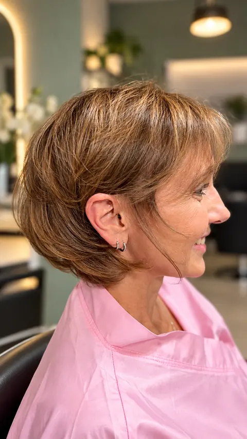 Corte curto com franja em tom acobreado