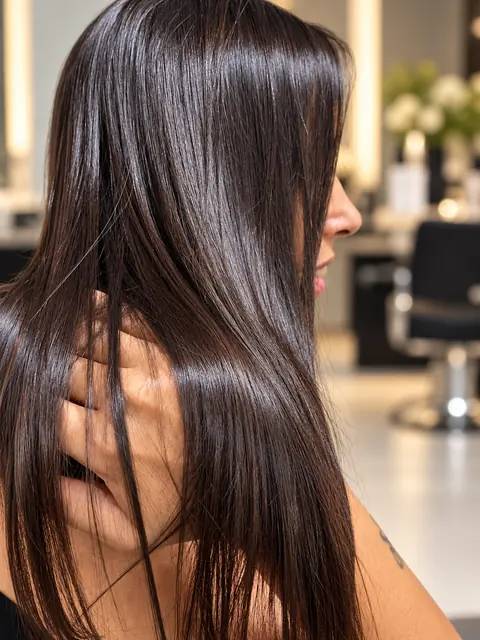 Escova lisa com brilho espelhado em cabelo escuro