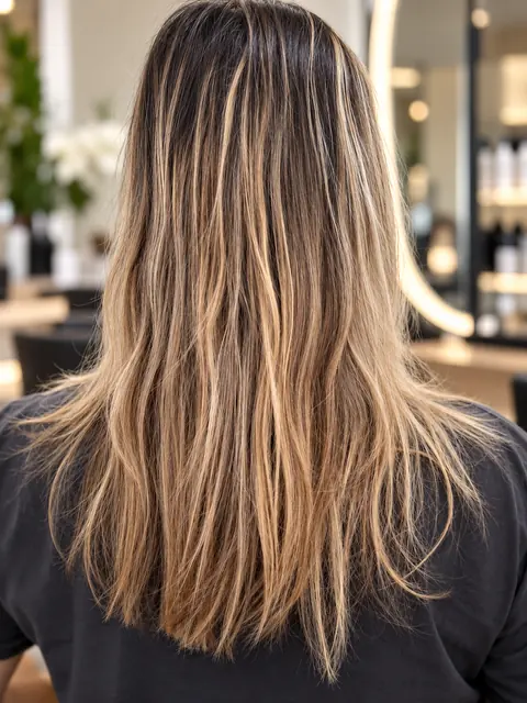 Mechas em loiro mel com raiz esfumada