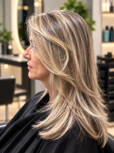 Mechas loiras em camadas vistas de lado