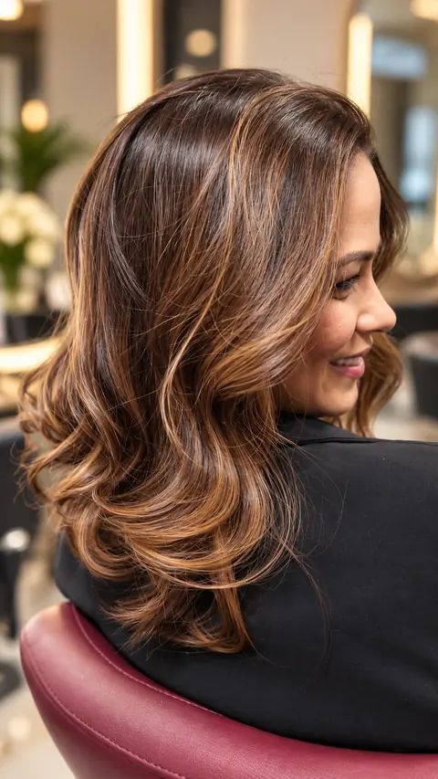 Morena iluminada com ondas, tons de caramelo